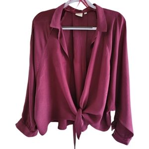 A maroon open blouse, Good Luck Gem brand, long sleeves with tie front. Size XL